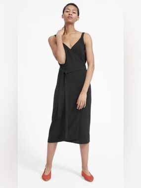 Everlane Japanese GoWeave Tank Wrap Midi Dress Black Tie Waist Minimalist sz 14?